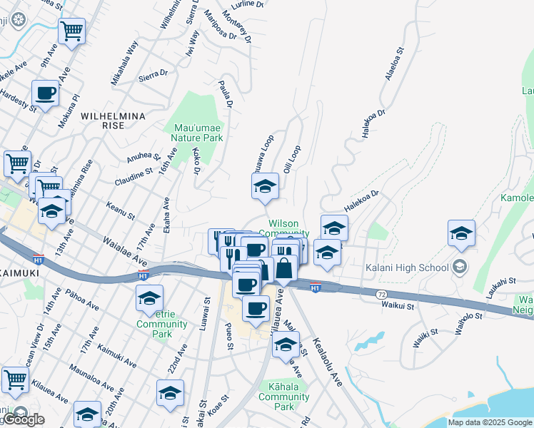 map of restaurants, bars, coffee shops, grocery stores, and more near 2565 Hunakai Street in Honolulu