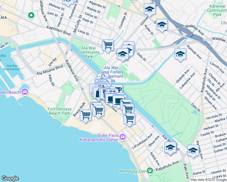 map of restaurants, bars, coffee shops, grocery stores, and more near 2211 Ala Wai Boulevard in Honolulu
