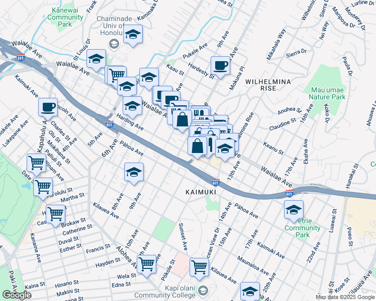 map of restaurants, bars, coffee shops, grocery stores, and more near 3518 Harding Avenue in Honolulu