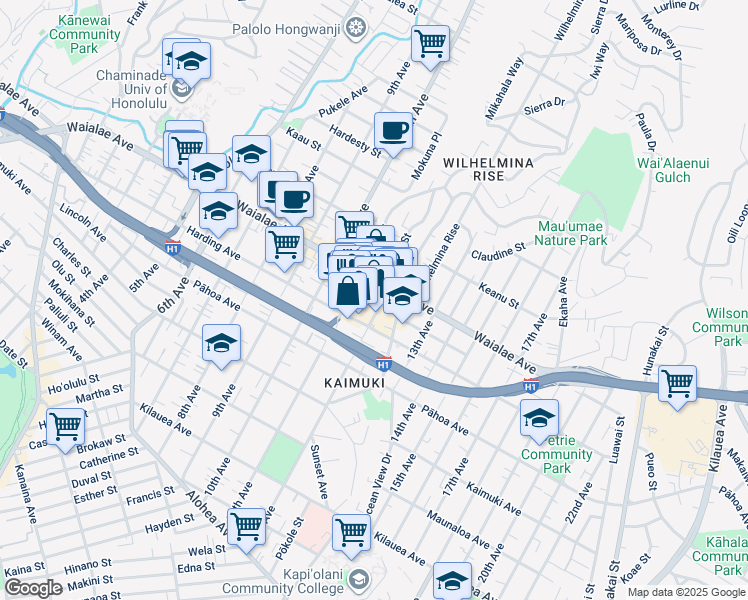 map of restaurants, bars, coffee shops, grocery stores, and more near 1150 12th Avenue in Honolulu