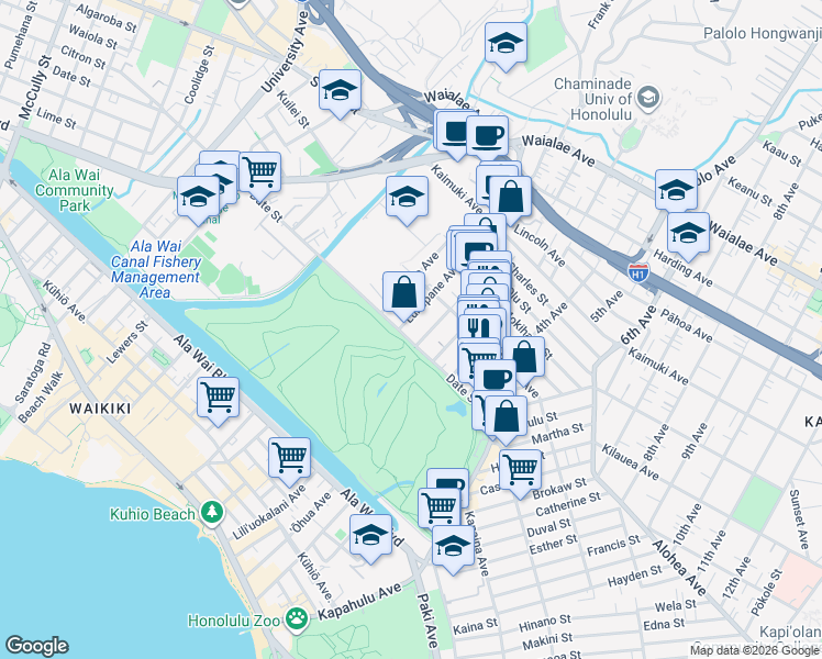 map of restaurants, bars, coffee shops, grocery stores, and more near 718 Ekela Avenue in Honolulu