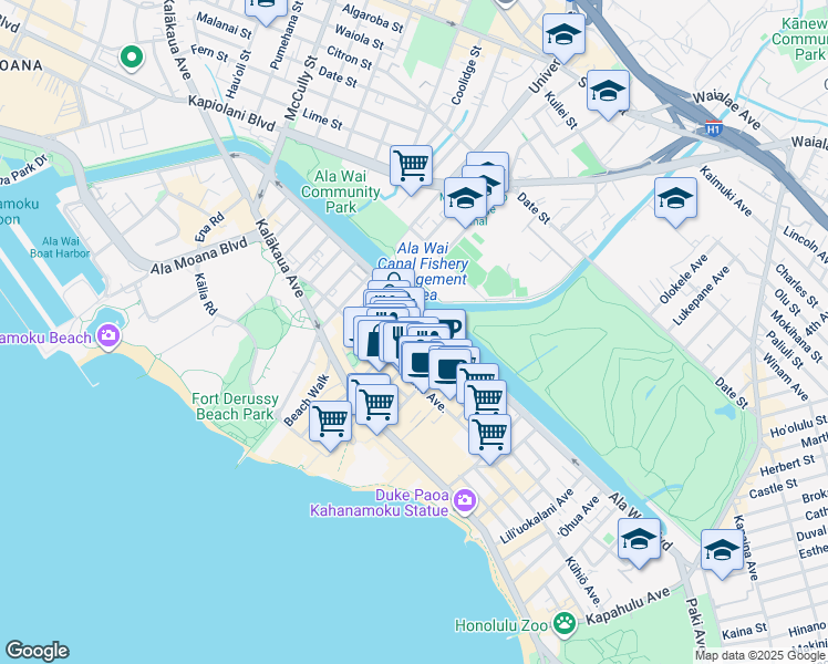 map of restaurants, bars, coffee shops, grocery stores, and more near 2214 Aloha Drive in Honolulu