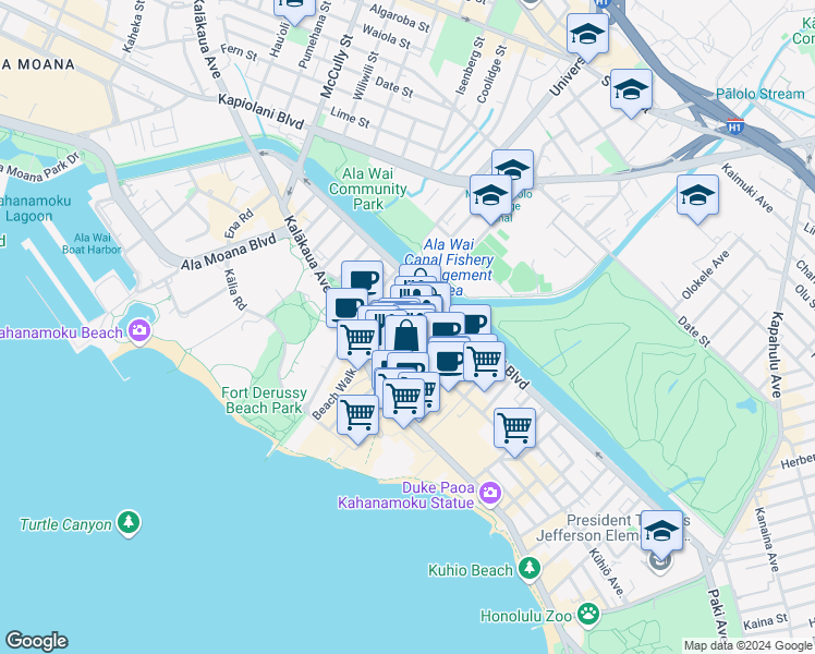 map of restaurants, bars, coffee shops, grocery stores, and more near in Honolulu