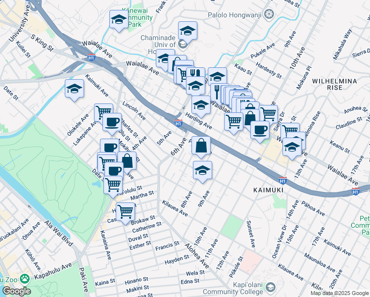 map of restaurants, bars, coffee shops, grocery stores, and more near 933 Hoʻokipa Way in Honolulu