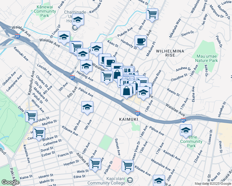 map of restaurants, bars, coffee shops, grocery stores, and more near Harding Avenue in Honolulu