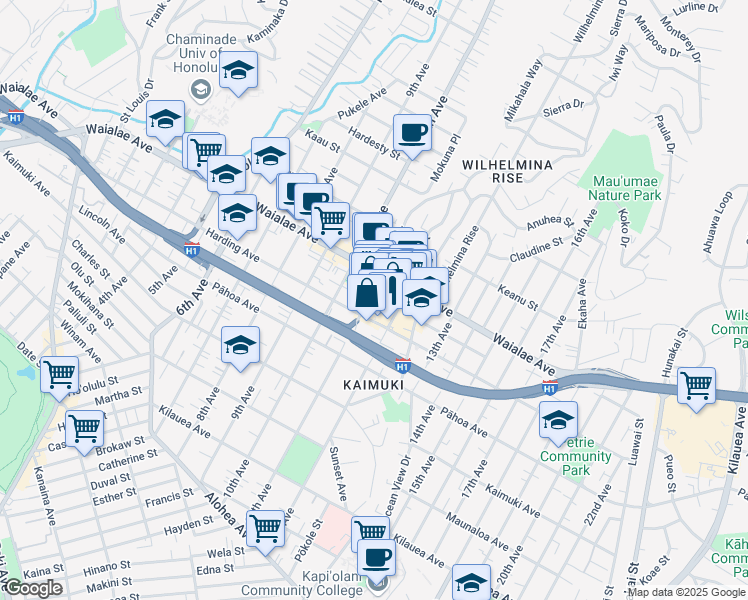 map of restaurants, bars, coffee shops, grocery stores, and more near 1150 12th Avenue in Honolulu