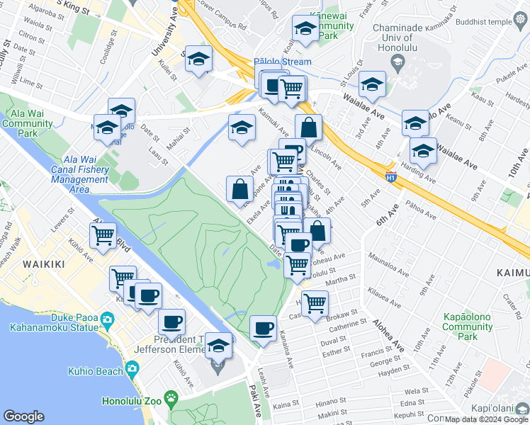map of restaurants, bars, coffee shops, grocery stores, and more near 745 Ekela Avenue in Honolulu