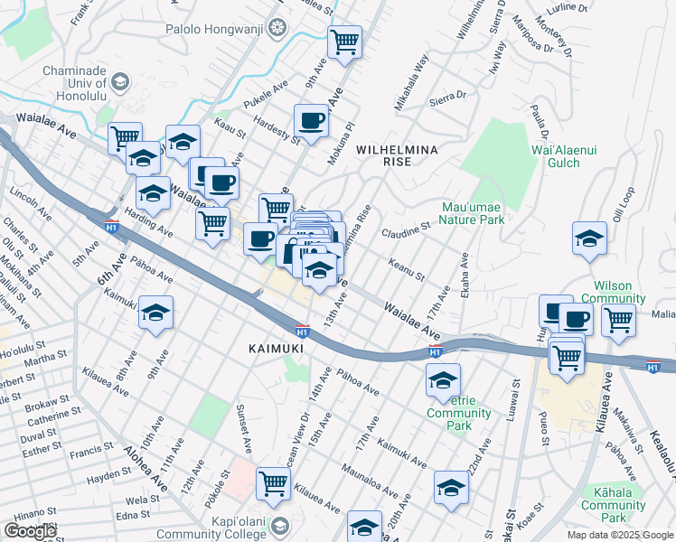 map of restaurants, bars, coffee shops, grocery stores, and more near 1210 13th Avenue in Honolulu