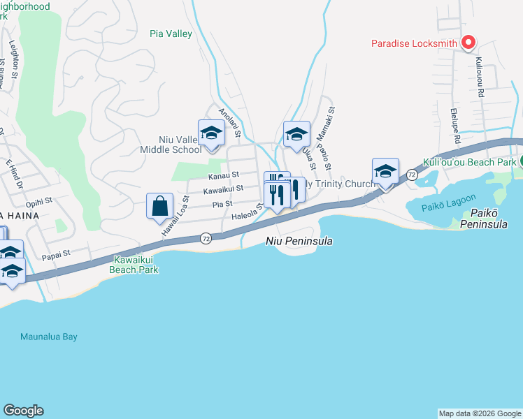 map of restaurants, bars, coffee shops, grocery stores, and more near 5679 Haleola Street in Honolulu