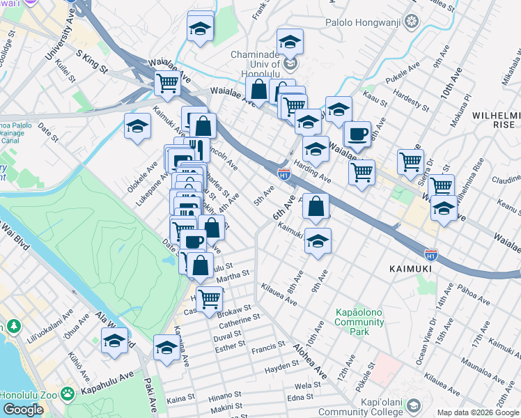 map of restaurants, bars, coffee shops, grocery stores, and more near 3278 Kaimuki Ave in Honolulu