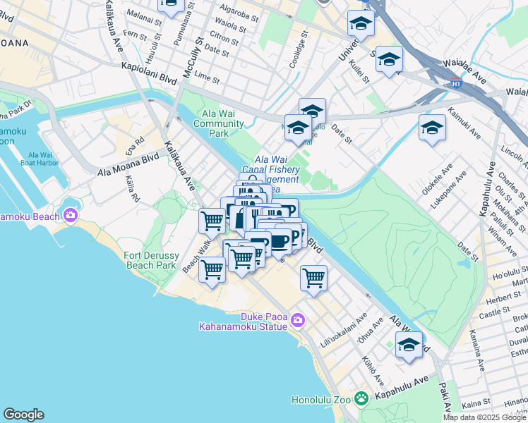 map of restaurants, bars, coffee shops, grocery stores, and more near 2214 Aloha Drive in Honolulu