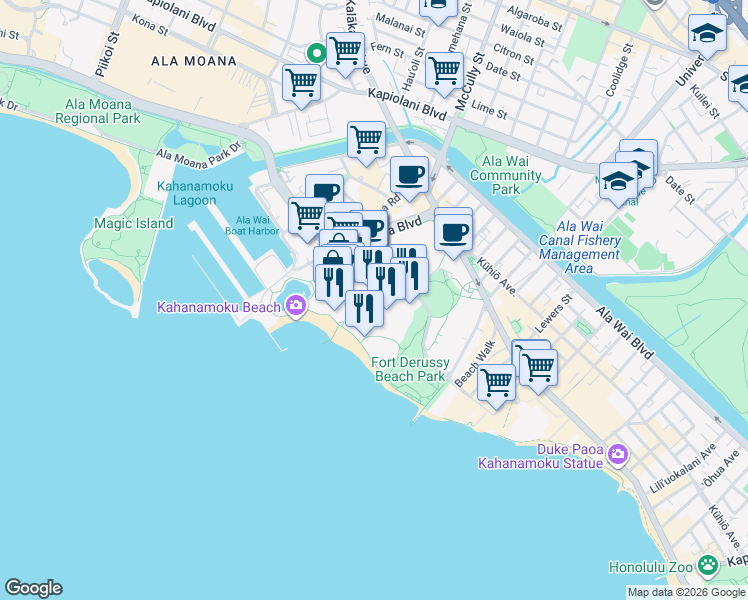 map of restaurants, bars, coffee shops, grocery stores, and more near 2005 Kālia Road in Honolulu