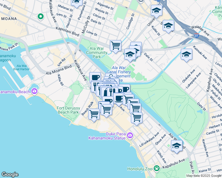 map of restaurants, bars, coffee shops, grocery stores, and more near 2170 Kūhiō Avenue in Honolulu