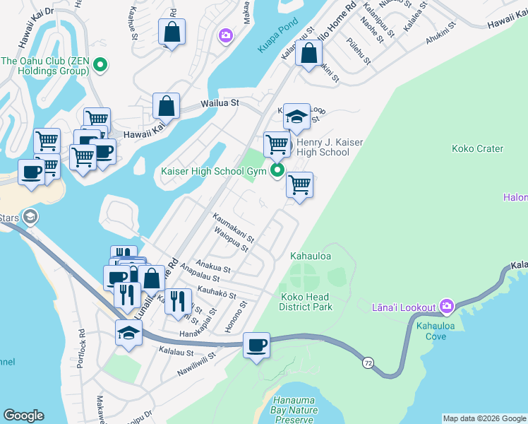 map of restaurants, bars, coffee shops, grocery stores, and more near 501 Kekauluohi Street in Honolulu