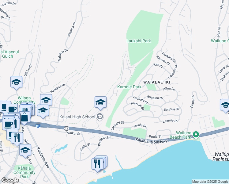 map of restaurants, bars, coffee shops, grocery stores, and more near 1460 Kalanikai Place in Honolulu