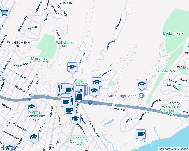 map of restaurants, bars, coffee shops, grocery stores, and more near 1528 Halekoa Drive in Honolulu