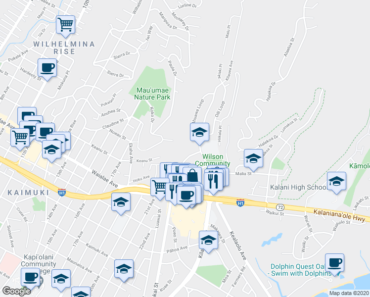 map of restaurants, bars, coffee shops, grocery stores, and more near 4958 Kilauea Avenue in Honolulu