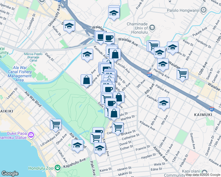 map of restaurants, bars, coffee shops, grocery stores, and more near 3121 Paliuli Street in Honolulu