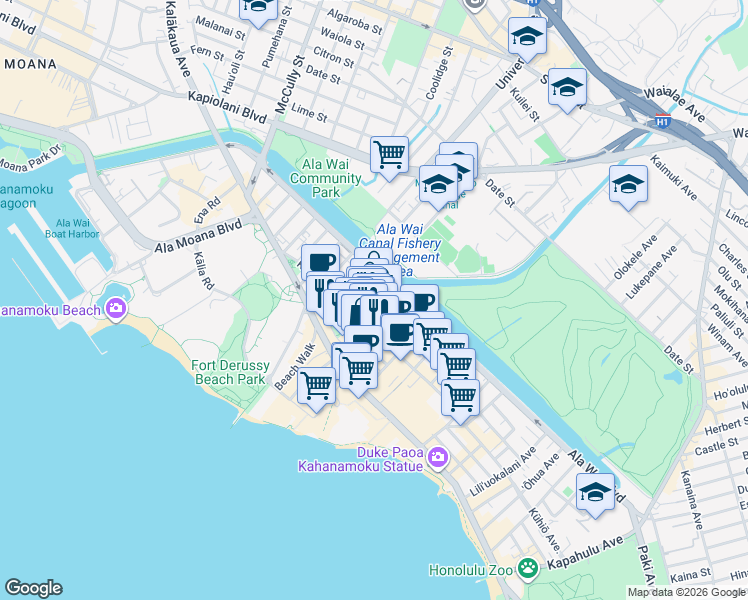 map of restaurants, bars, coffee shops, grocery stores, and more near in Honolulu