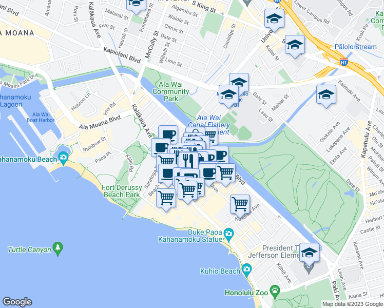 map of restaurants, bars, coffee shops, grocery stores, and more near 2170 Kūhiō Avenue in Honolulu