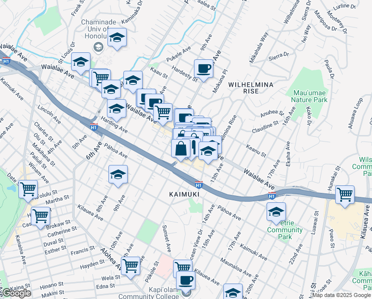 map of restaurants, bars, coffee shops, grocery stores, and more near 1150 12th Avenue in Honolulu