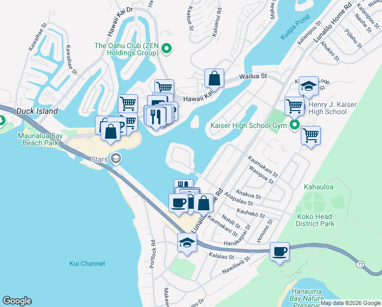 map of restaurants, bars, coffee shops, grocery stores, and more near 805 Koko Isle Circle in Honolulu