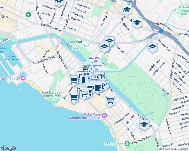 map of restaurants, bars, coffee shops, grocery stores, and more near 2214 Aloha Drive in Honolulu