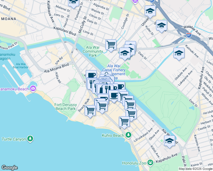 map of restaurants, bars, coffee shops, grocery stores, and more near in Honolulu