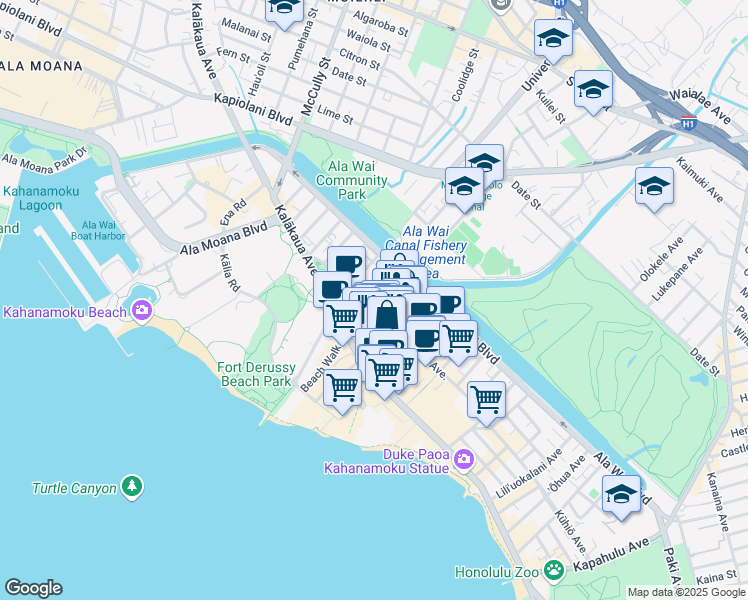 map of restaurants, bars, coffee shops, grocery stores, and more near 2170 Kūhiō Avenue in Honolulu