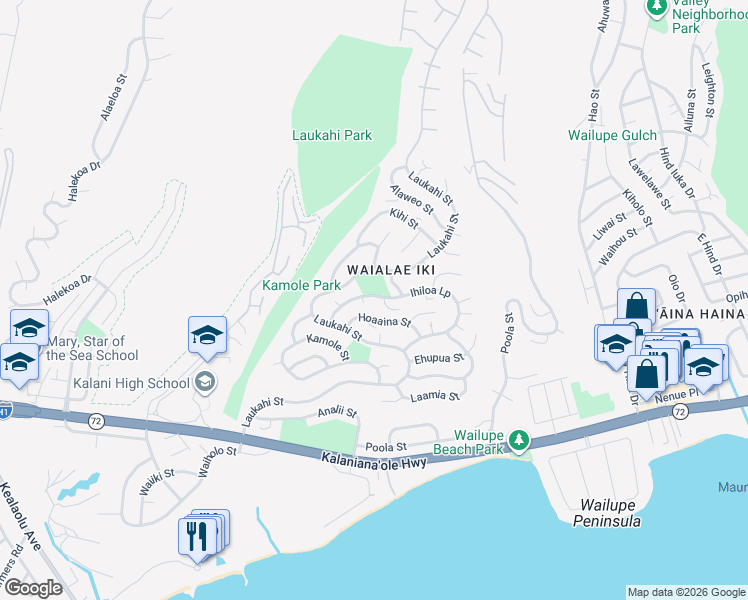 map of restaurants, bars, coffee shops, grocery stores, and more near 1604 Ihiloa Loop in Honolulu