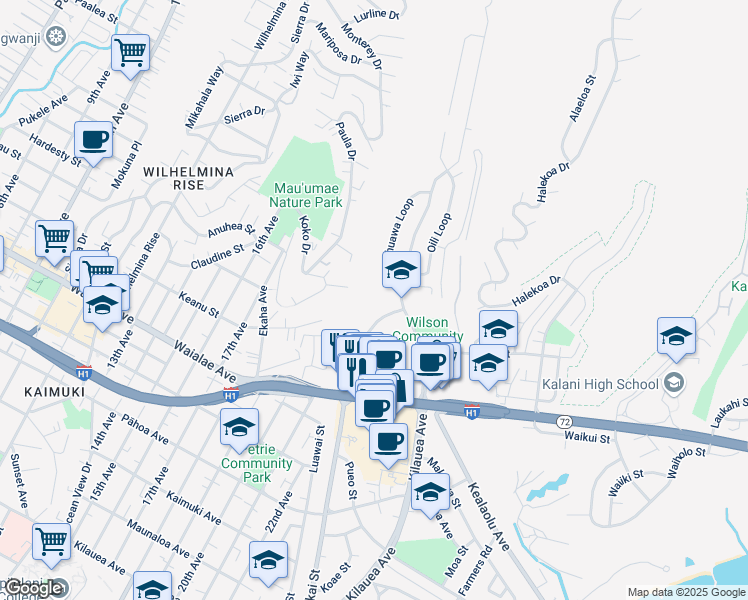 map of restaurants, bars, coffee shops, grocery stores, and more near 1438 Hunakai Street in Honolulu