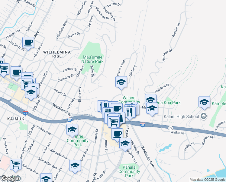 map of restaurants, bars, coffee shops, grocery stores, and more near 4958 Kilauea Avenue in Honolulu