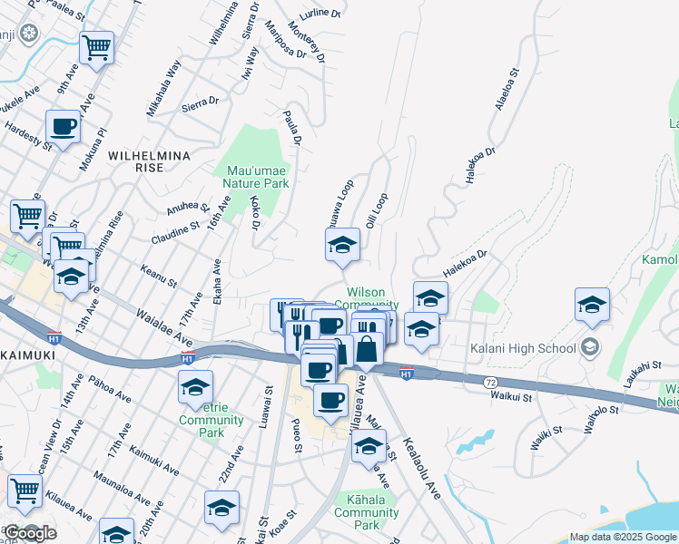 map of restaurants, bars, coffee shops, grocery stores, and more near 4958 Kilauea Avenue in Honolulu
