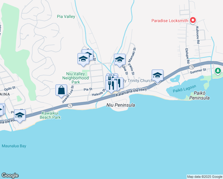 map of restaurants, bars, coffee shops, grocery stores, and more near 5730 Kalanianaʻole Highway in Honolulu