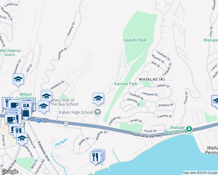 map of restaurants, bars, coffee shops, grocery stores, and more near 1444 Kalaniiki Street in Honolulu