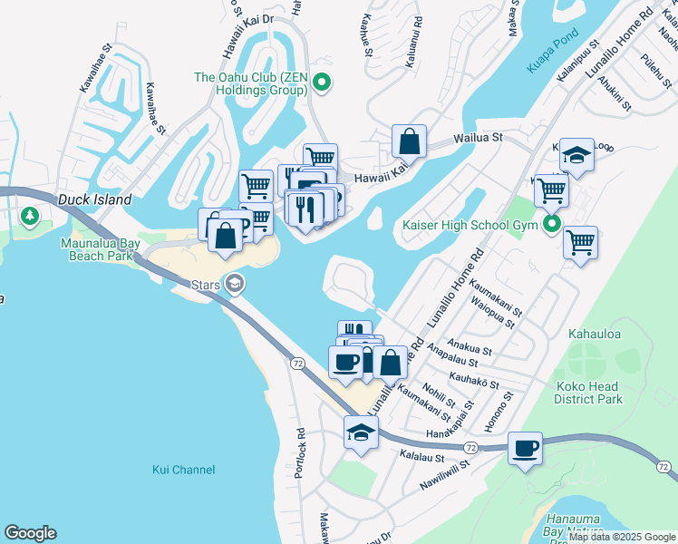 map of restaurants, bars, coffee shops, grocery stores, and more near 607 Koko Isle Circle in Honolulu