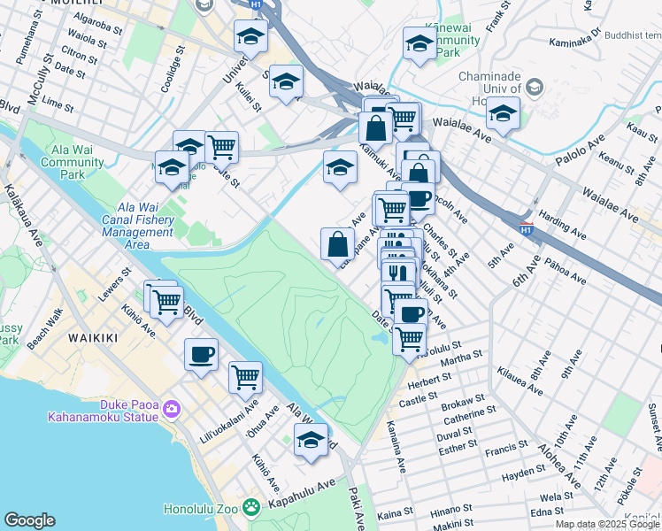 map of restaurants, bars, coffee shops, grocery stores, and more near 2816 Date Street in Honolulu