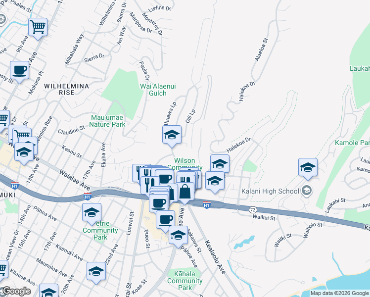 map of restaurants, bars, coffee shops, grocery stores, and more near 4945 Kilauea Avenue in Honolulu
