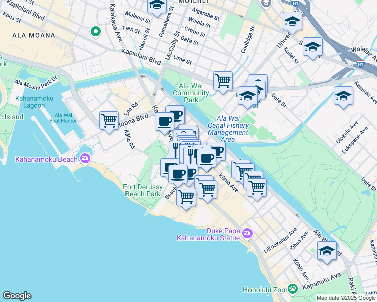 map of restaurants, bars, coffee shops, grocery stores, and more near 383 Kalaimoku Street in Honolulu