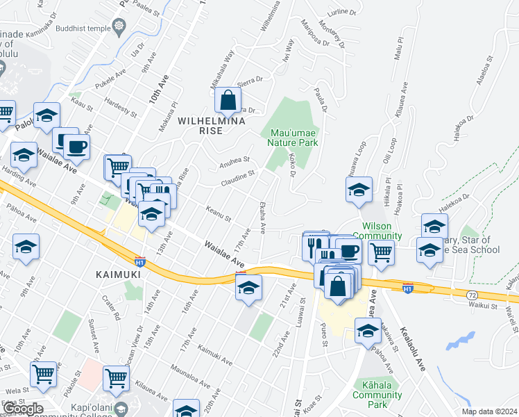 map of restaurants, bars, coffee shops, grocery stores, and more near 1351 17th Avenue in Honolulu