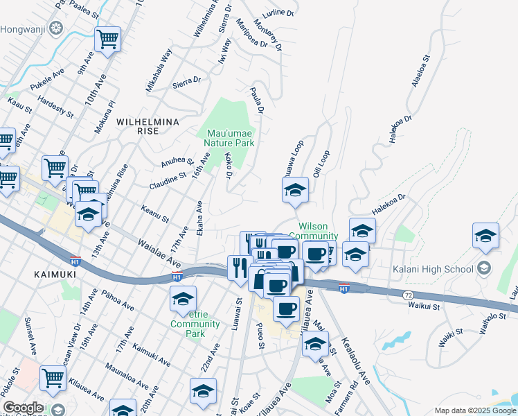 map of restaurants, bars, coffee shops, grocery stores, and more near 4131 Napali Place in Honolulu