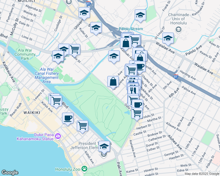 map of restaurants, bars, coffee shops, grocery stores, and more near 2810 Date Street in Honolulu