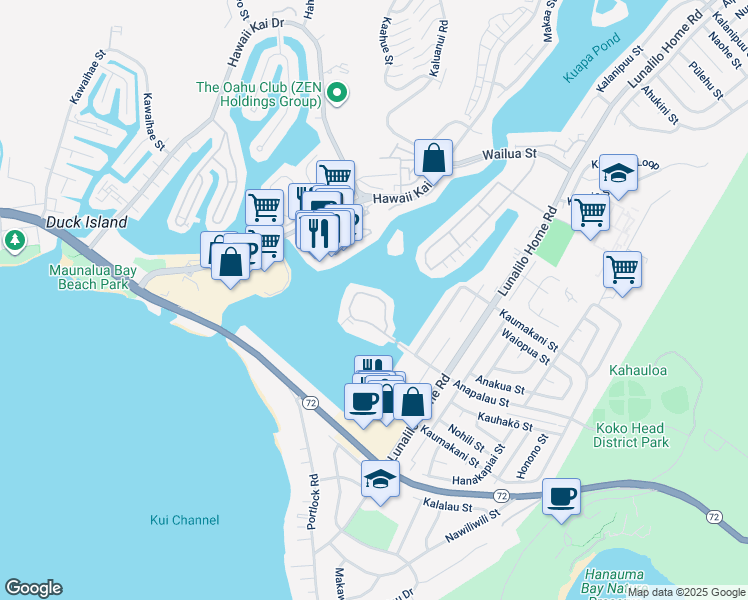 map of restaurants, bars, coffee shops, grocery stores, and more near 607 Koko Isle Circle in Honolulu