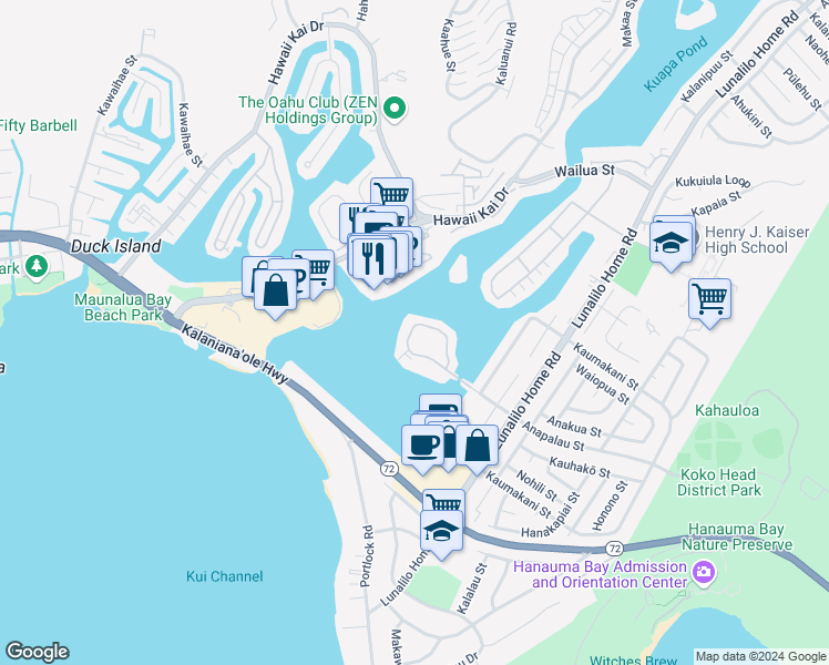 map of restaurants, bars, coffee shops, grocery stores, and more near 607 Koko Isle Circle in Honolulu
