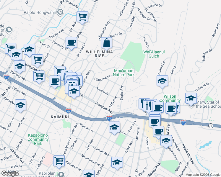 map of restaurants, bars, coffee shops, grocery stores, and more near 1315 16th Avenue in Honolulu