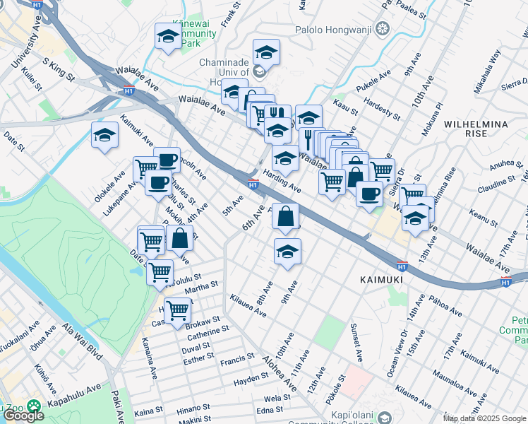map of restaurants, bars, coffee shops, grocery stores, and more near 933 Hoʻokipa Way in Honolulu