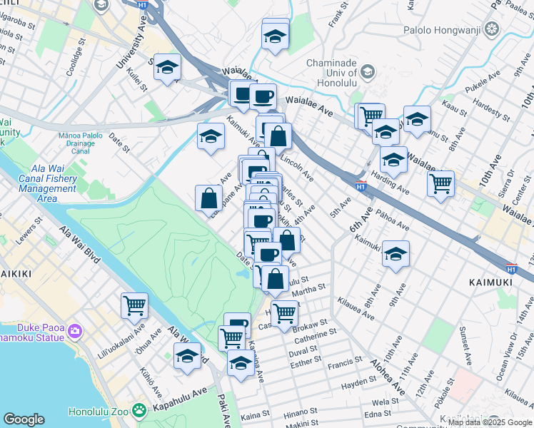 map of restaurants, bars, coffee shops, grocery stores, and more near 3121 Paliuli Street in Honolulu