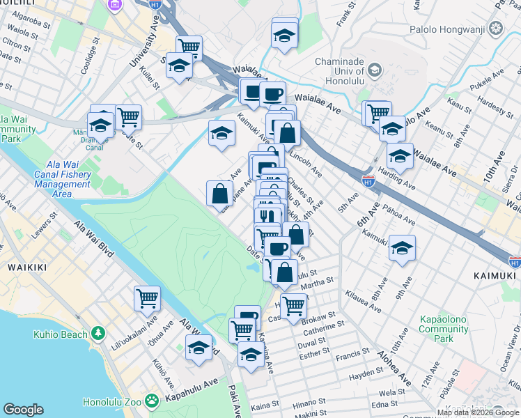 map of restaurants, bars, coffee shops, grocery stores, and more near 745 Makaleka Avenue in Honolulu