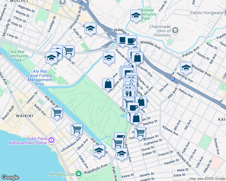 map of restaurants, bars, coffee shops, grocery stores, and more near 718 Ekela Avenue in Honolulu