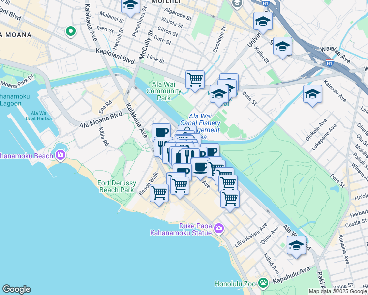 map of restaurants, bars, coffee shops, grocery stores, and more near in Honolulu